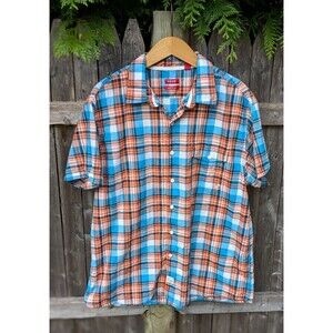 Izod Shirt Mens Size XL Slim Fit Madras Orange Blue Tropical 100% Cotton